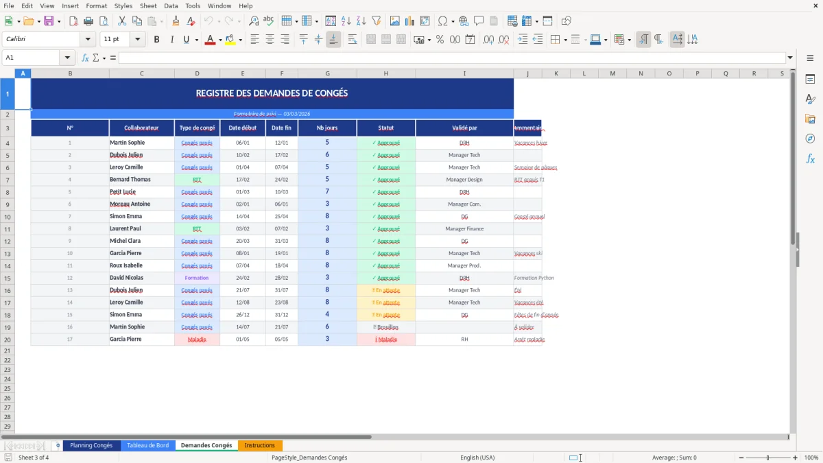 Capture d'écran 3 : Feuille Demandes Congés - Modèle Excel planning congés employés excel
