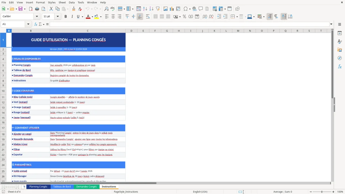 Capture d'écran 4 : Feuille Instructions - Modèle Excel planning congés employés excel