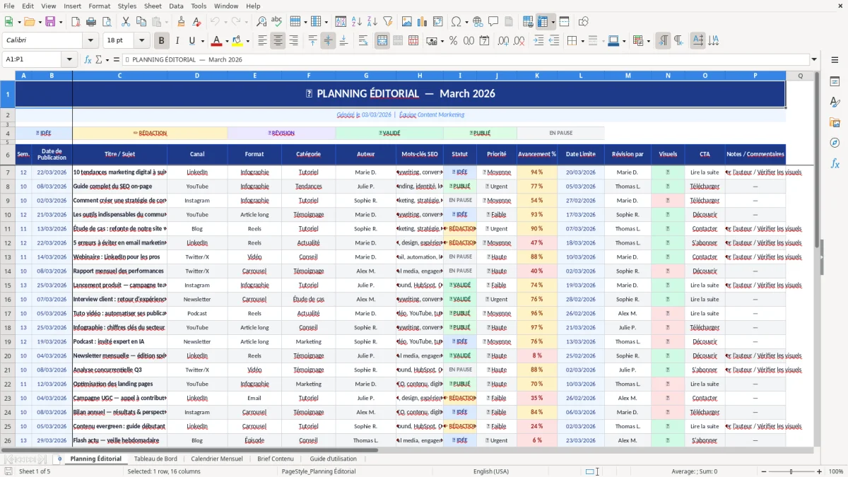 Capture d'écran 1 : Feuille Planning Éditorial - Modèle Excel planning éditorial excel
