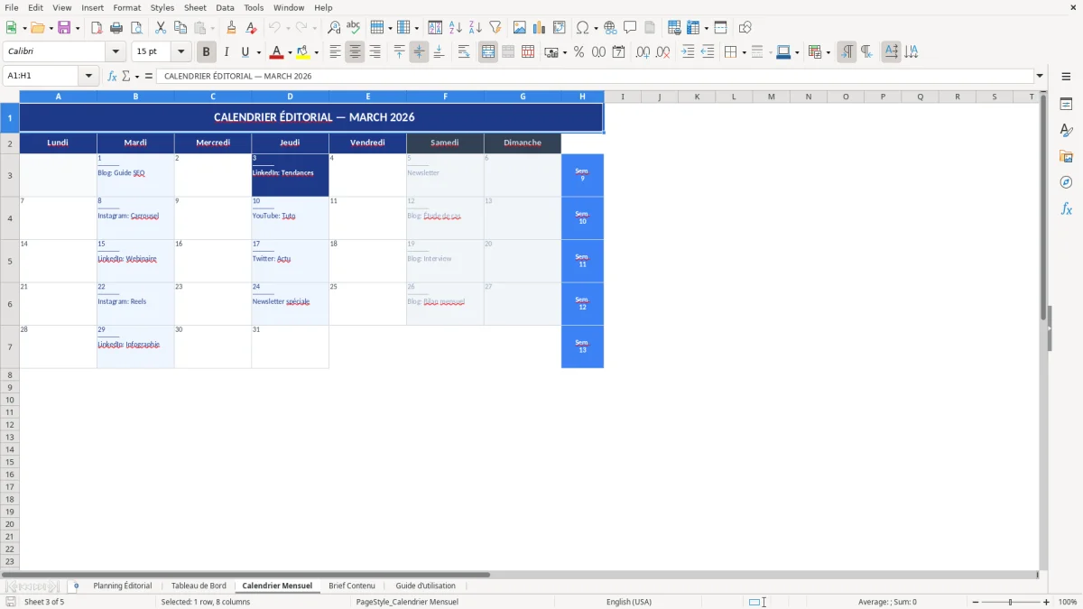Capture d'écran 3 : Feuille Calendrier Mensuel - Modèle Excel planning éditorial excel