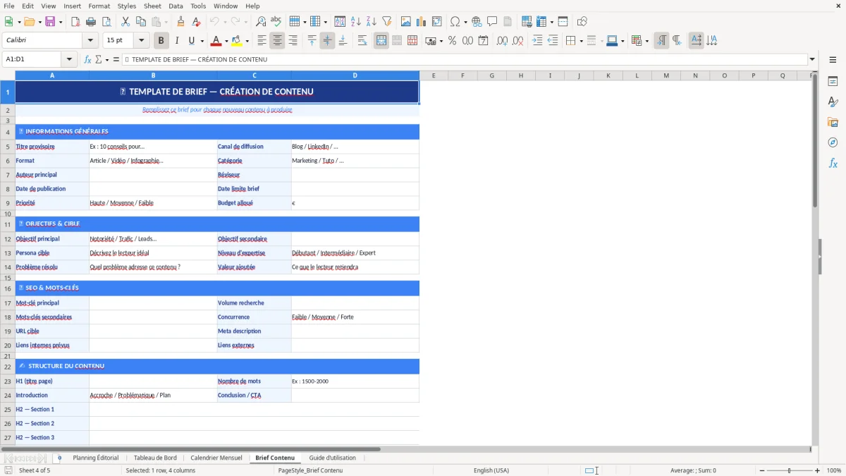 Capture d'écran 4 : Feuille Brief Contenu - Modèle Excel planning éditorial excel