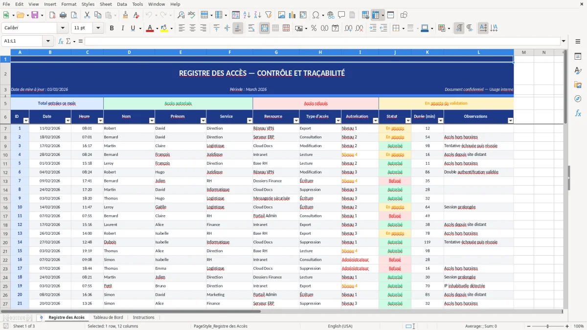 Capture d'écran 1 : Feuille Registre des Accès - Modèle Excel registre accès excel