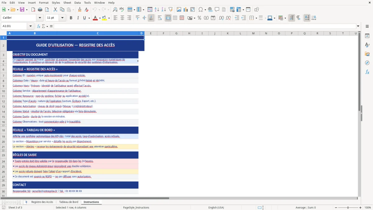 Capture d'écran 3 : Feuille Instructions - Modèle Excel registre accès excel