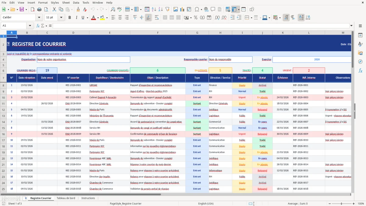 Capture d'écran 1 : Feuille Registre Courrier - Modèle Excel registre courrier excel