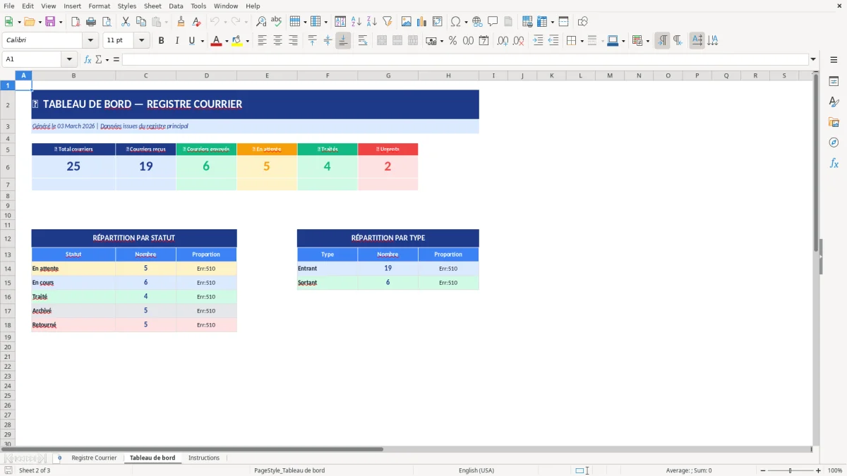 Capture d'écran 2 : Feuille Tableau de bord - Modèle Excel registre courrier excel