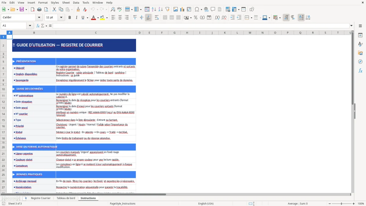 Capture d'écran 3 : Feuille Instructions - Modèle Excel registre courrier excel