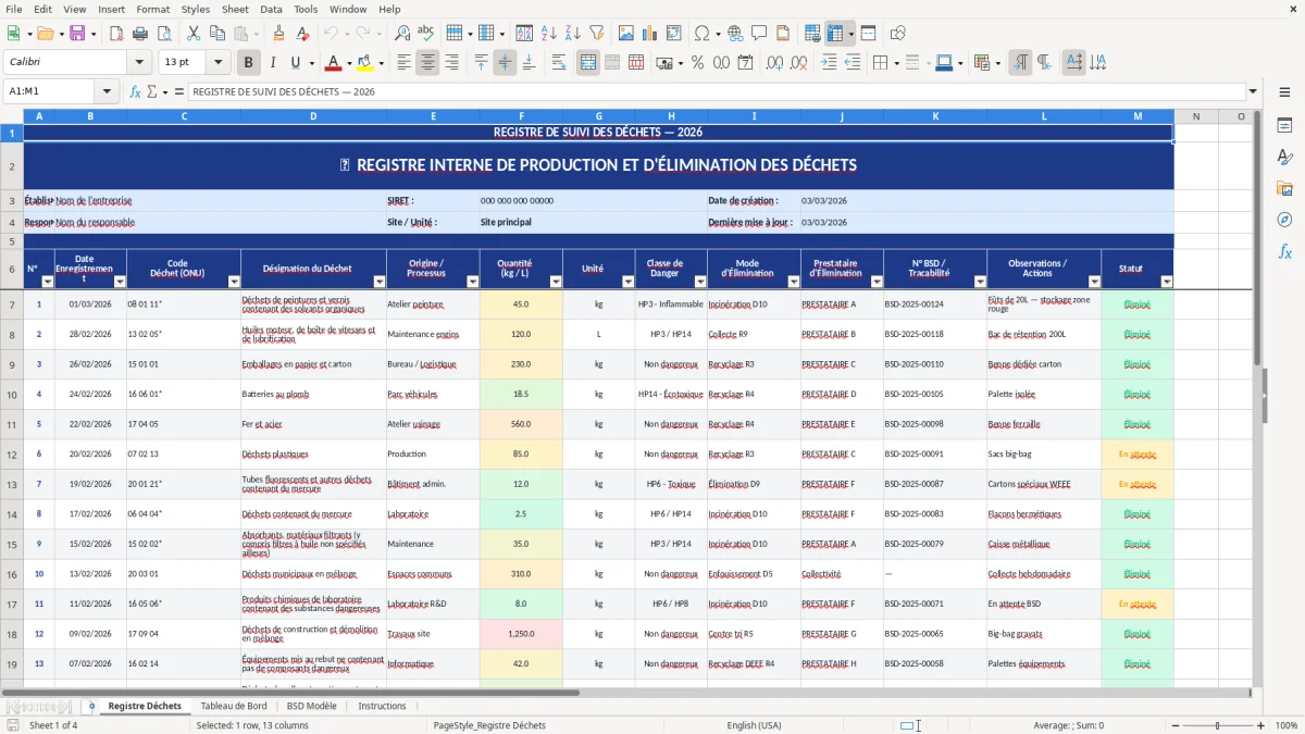 Capture d'écran 1 : Feuille Registre Déchets - Modèle Excel registre déchets excel