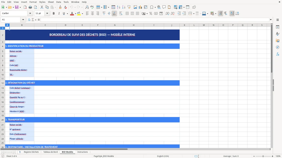 Capture d'écran 3 : Feuille BSD Modèle - Modèle Excel registre déchets excel