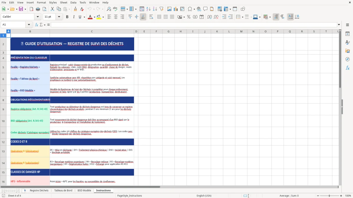 Capture d'écran 4 : Feuille Instructions - Modèle Excel registre déchets excel