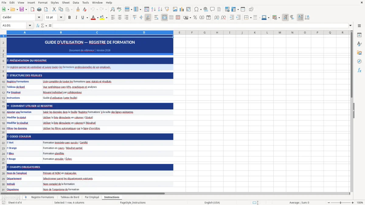 Capture d'écran 4 : Feuille Instructions - Modèle Excel registre formation employés excel