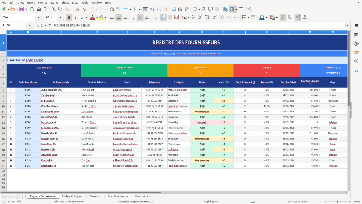 Capture d'écran 1 : Feuille Registre Fournisseurs - Modèle Excel registre fournisseurs excel