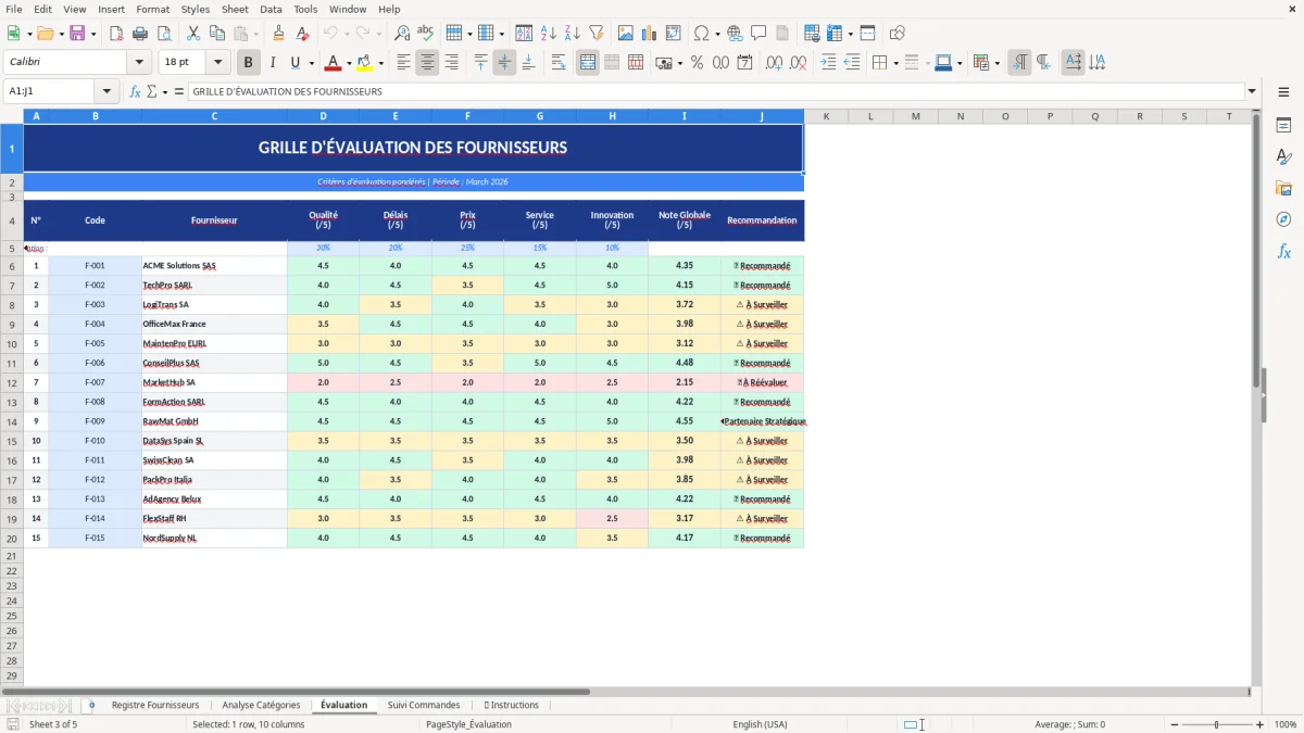 Capture d'écran 3 : Feuille Évaluation - Modèle Excel registre fournisseurs excel