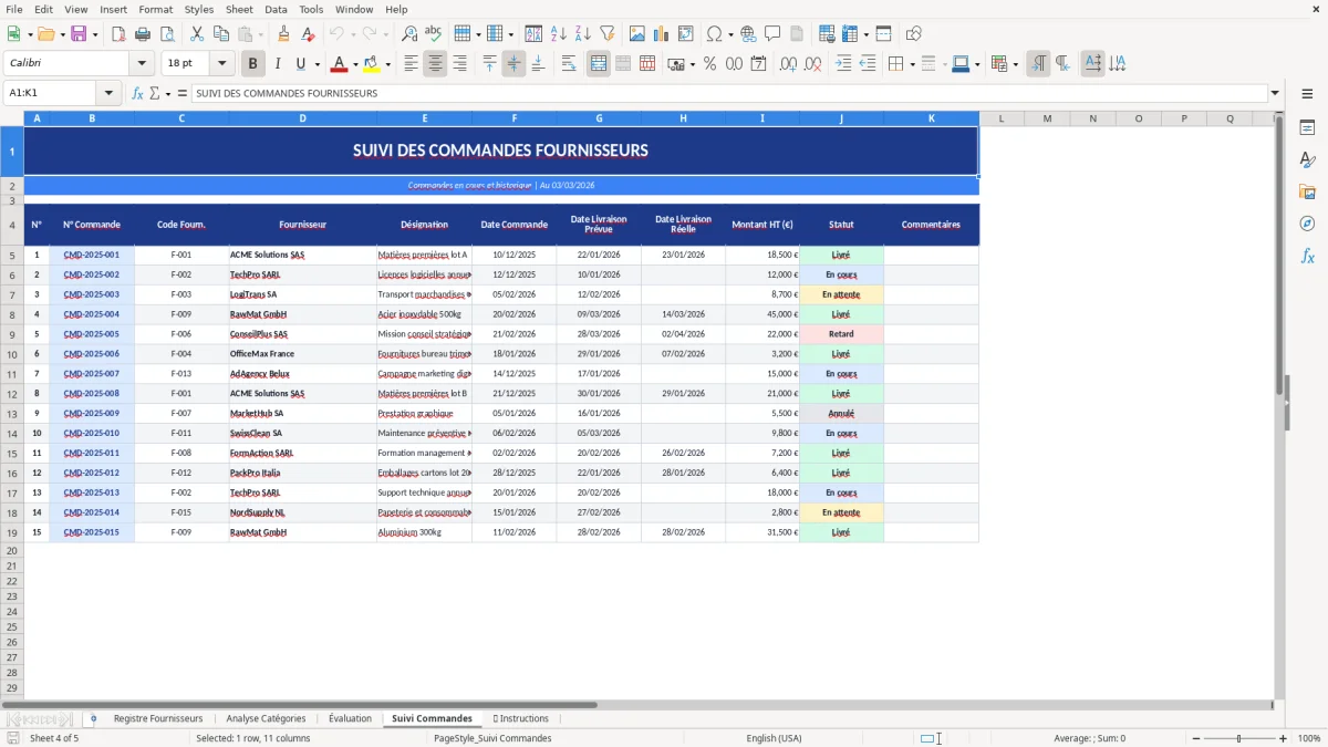 Capture d'écran 4 : Feuille Suivi Commandes - Modèle Excel registre fournisseurs excel