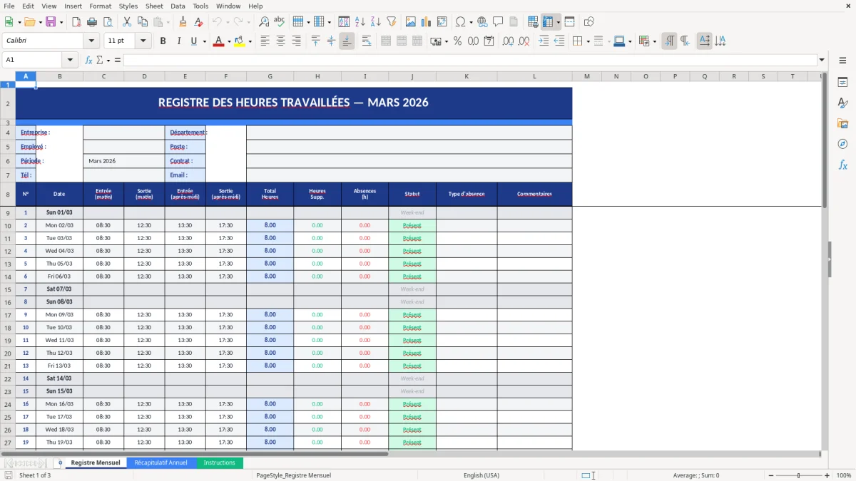 Capture d'écran 1 : Feuille Registre Mensuel - Modèle Excel registre heures travaillées excel