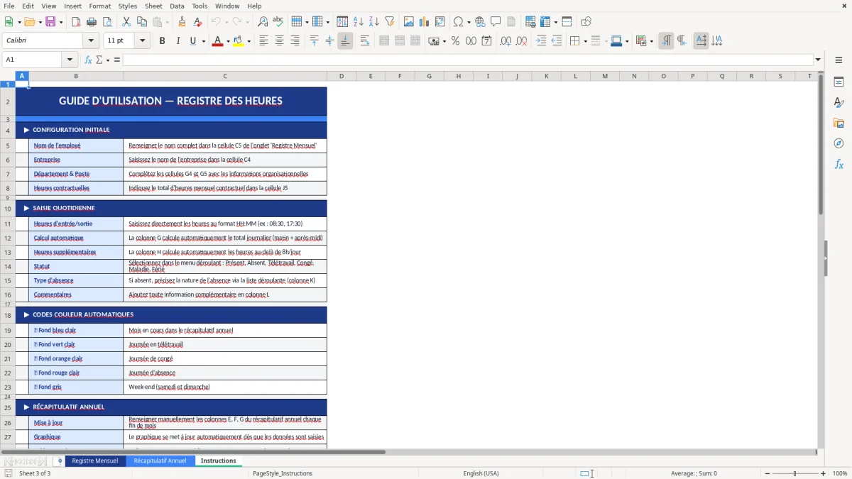 Capture d'écran 3 : Feuille Instructions - Modèle Excel registre heures travaillées excel
