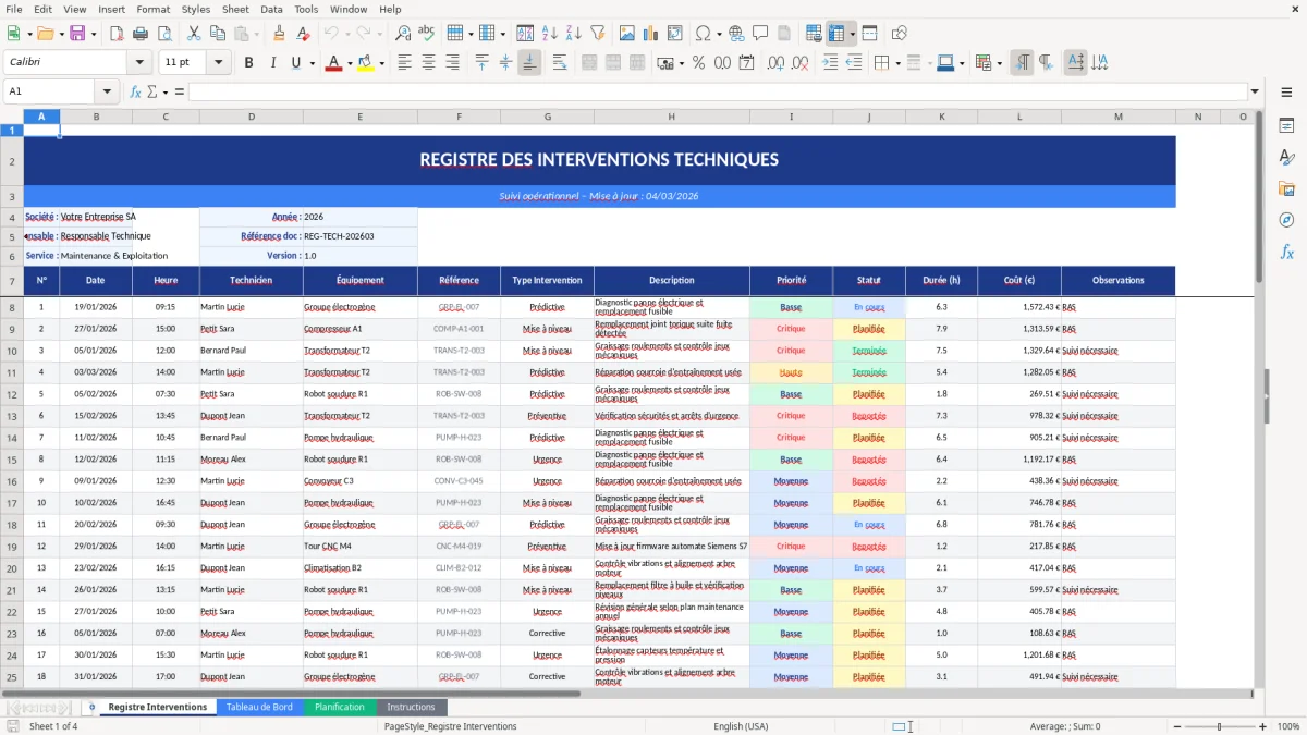 Capture d'écran 1 : Feuille Registre Interventions - Modèle Excel registre interventions techniques excel
