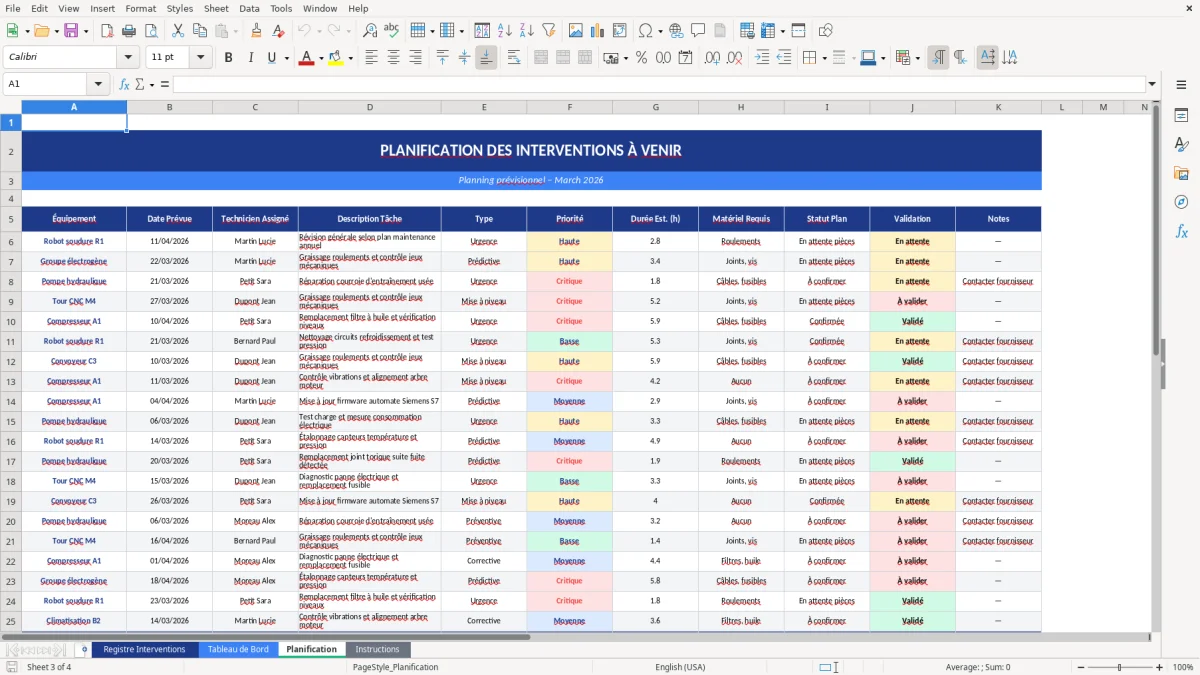 Capture d'écran 3 : Feuille Planification - Modèle Excel registre interventions techniques excel
