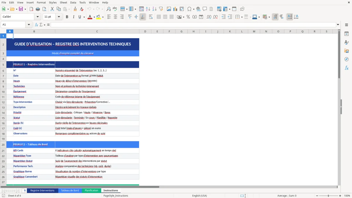 Capture d'écran 4 : Feuille Instructions - Modèle Excel registre interventions techniques excel
