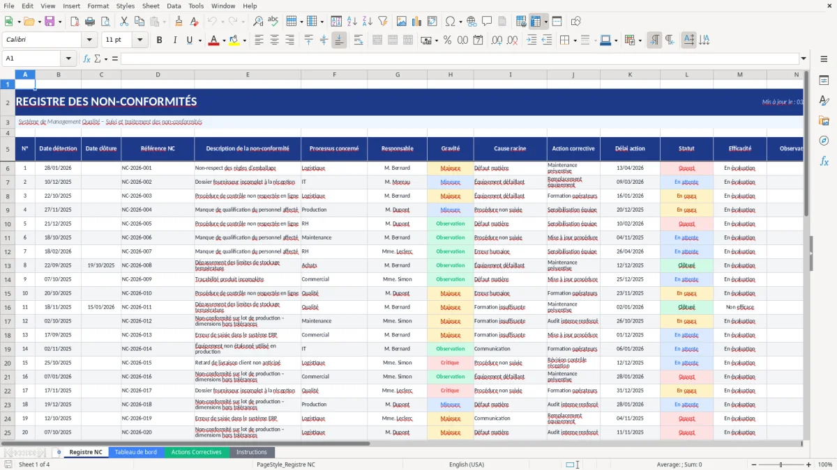 Capture d'écran 1 : Feuille Registre NC - Modèle Excel registre non-conformités excel