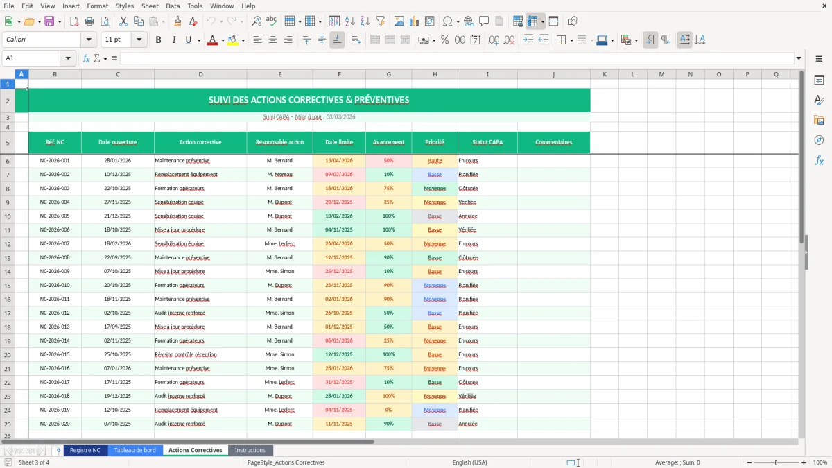 Capture d'écran 3 : Feuille Actions Correctives - Modèle Excel registre non-conformités excel