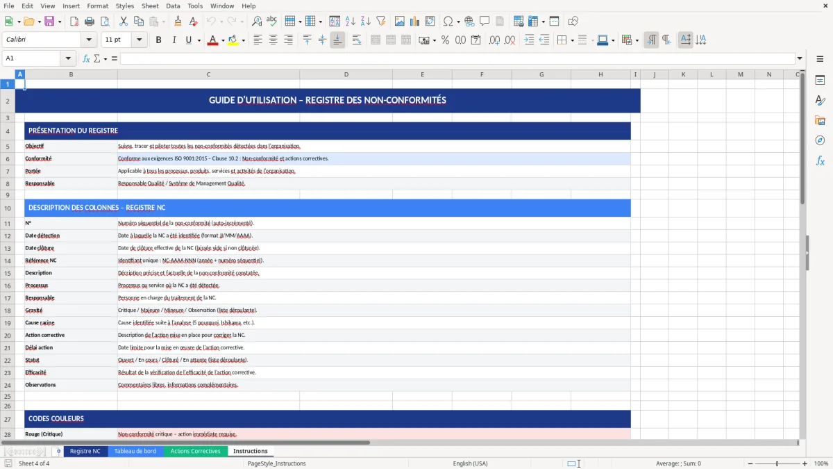 Capture d'écran 4 : Feuille Instructions - Modèle Excel registre non-conformités excel