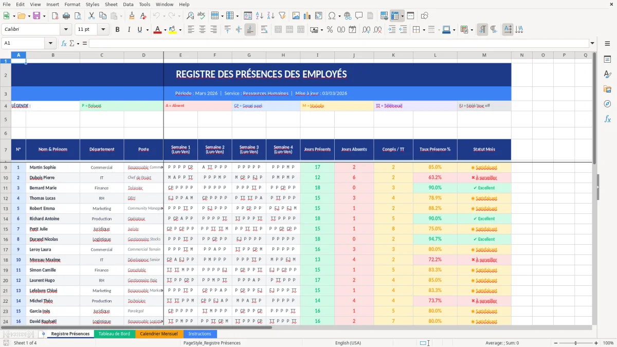Capture d'écran 1 : Feuille Registre Présences - Modèle Excel registre présences employés excel