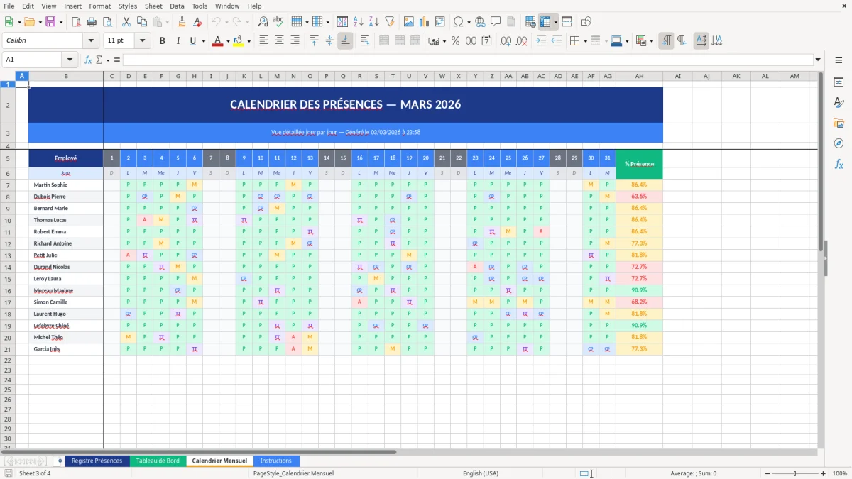 Capture d'écran 3 : Feuille Calendrier Mensuel - Modèle Excel registre présences employés excel