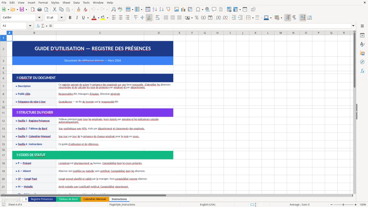 Capture d'écran 4 : Feuille Instructions - Modèle Excel registre présences employés excel