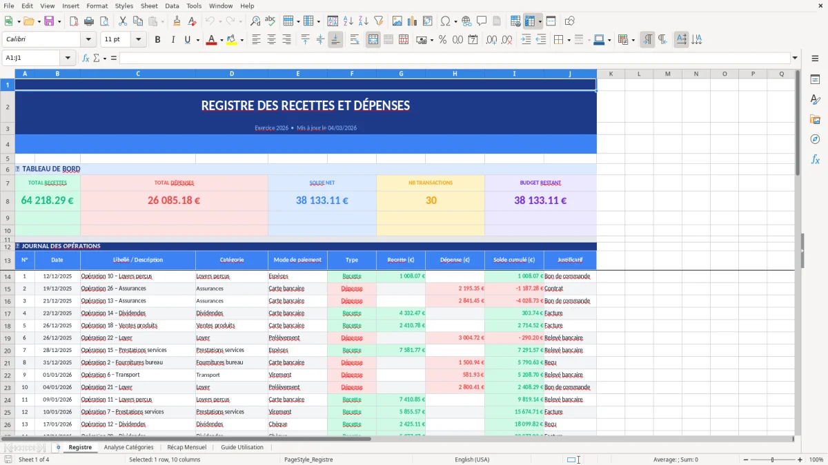 Capture d'écran 1 : Feuille Registre - Modèle Excel registre recettes dépenses excel