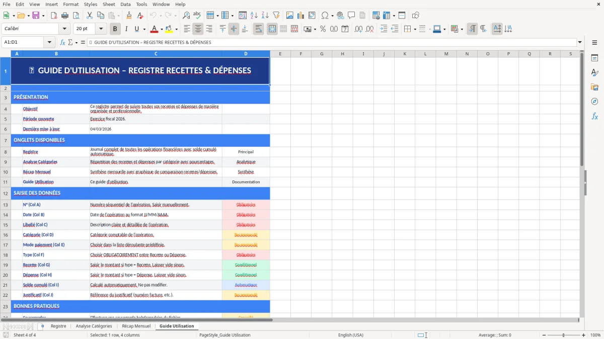 Capture d'écran 4 : Feuille Guide Utilisation - Modèle Excel registre recettes dépenses excel
