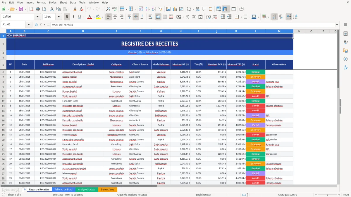 Capture d'écran 1 : Feuille Registre Recettes - Modèle Excel registre recettes excel