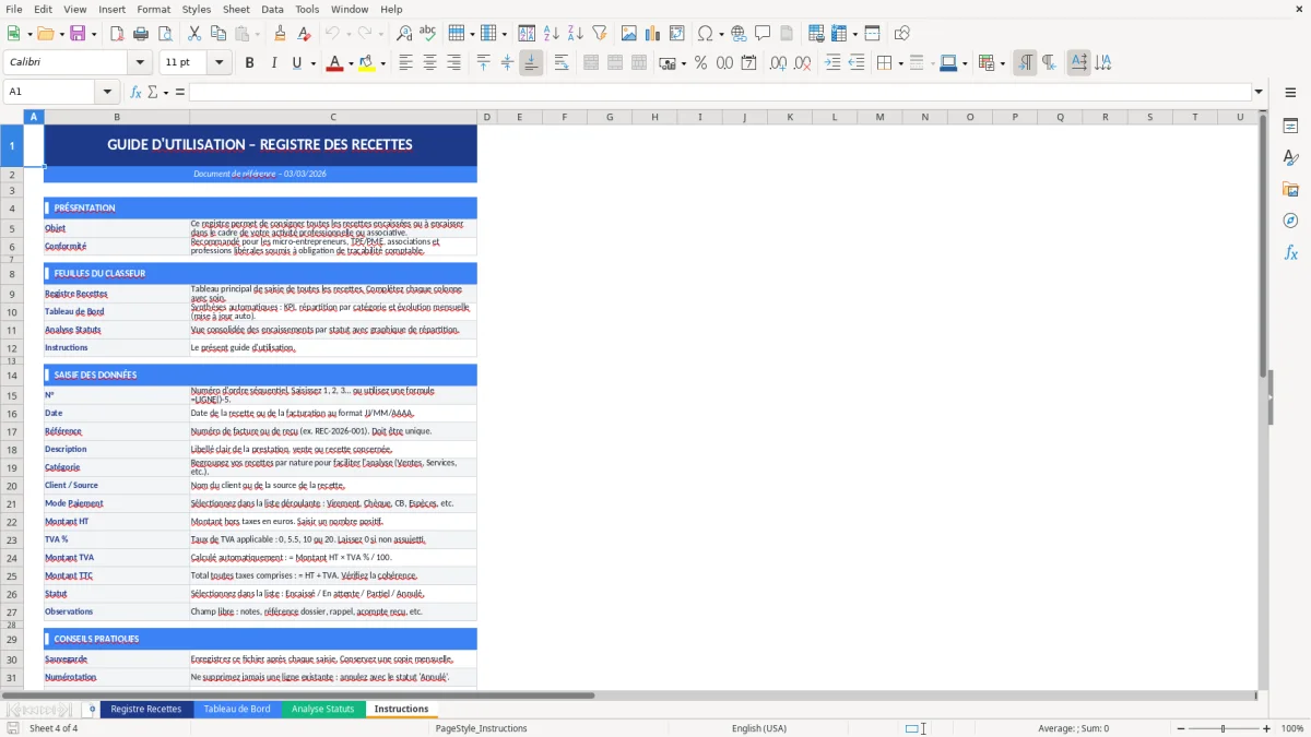 Capture d'écran 4 : Feuille Instructions - Modèle Excel registre recettes excel