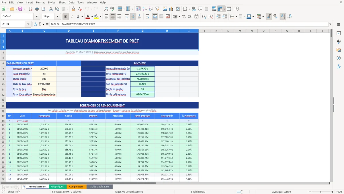 Capture d'écran 1 : Feuille Amortissement - Modèle Excel tableau amortissement excel