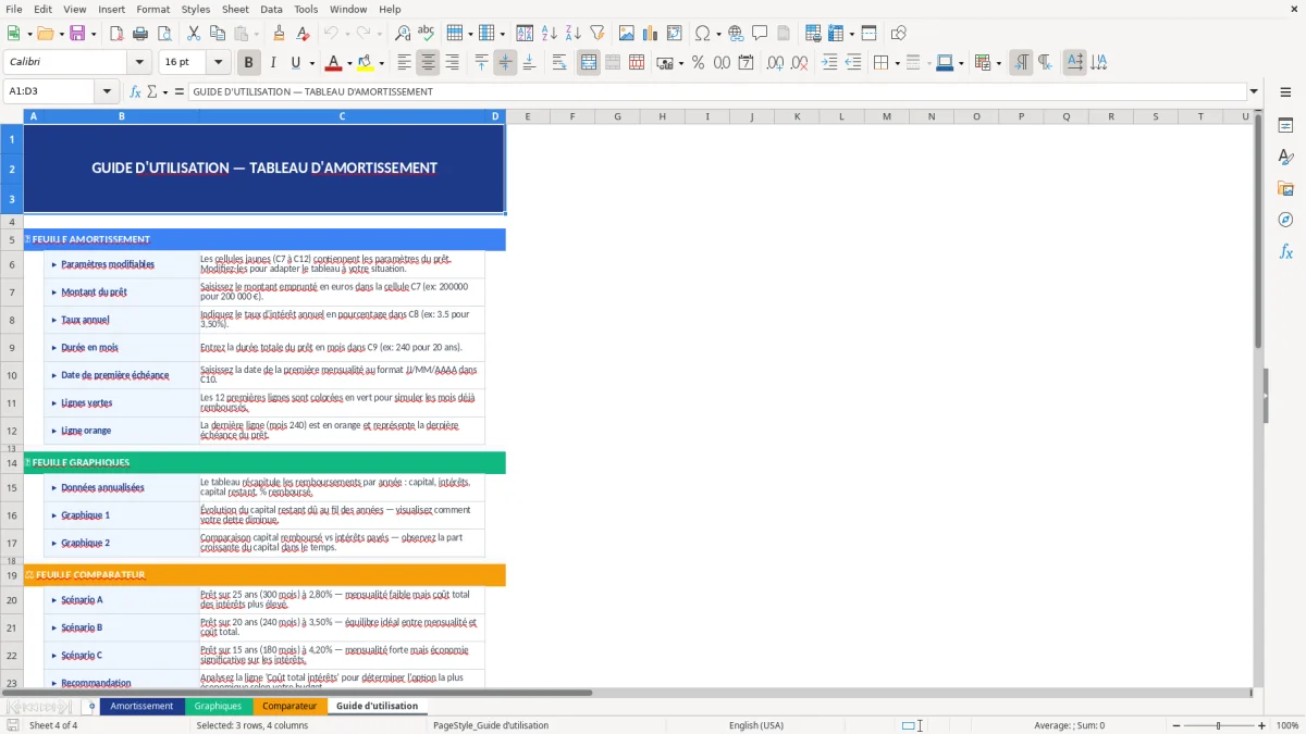 Capture d'écran 4 : Feuille Guide d'utilisation - Modèle Excel tableau amortissement excel