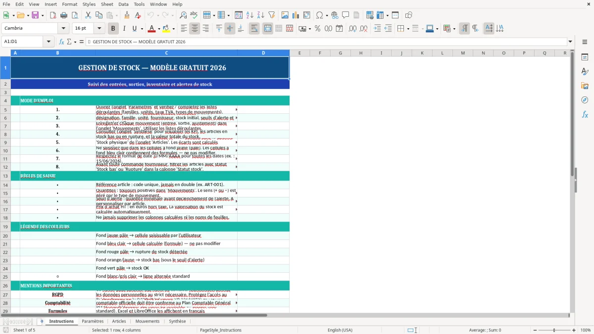 Capture d'écran 1 : Feuille Instructions - Modèle Excel Gestion de stock Excel - Modèle Gratuit (2026)