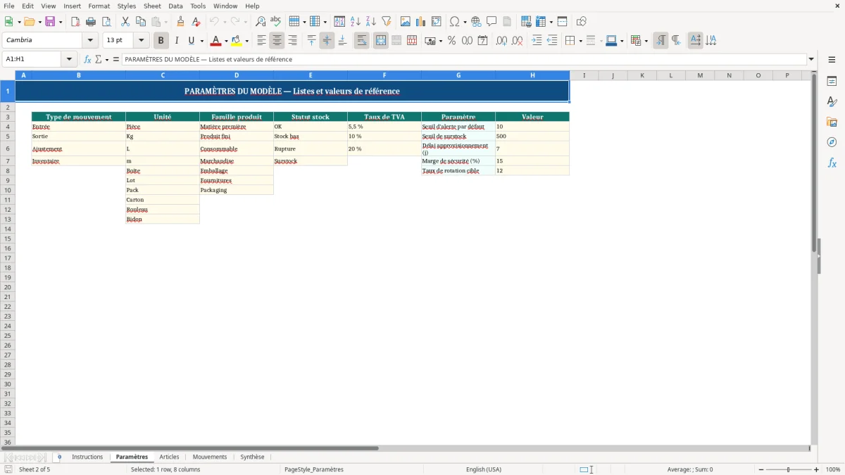 Capture d'écran 2 : Feuille Paramètres - Modèle Excel Gestion de stock Excel - Modèle Gratuit (2026)