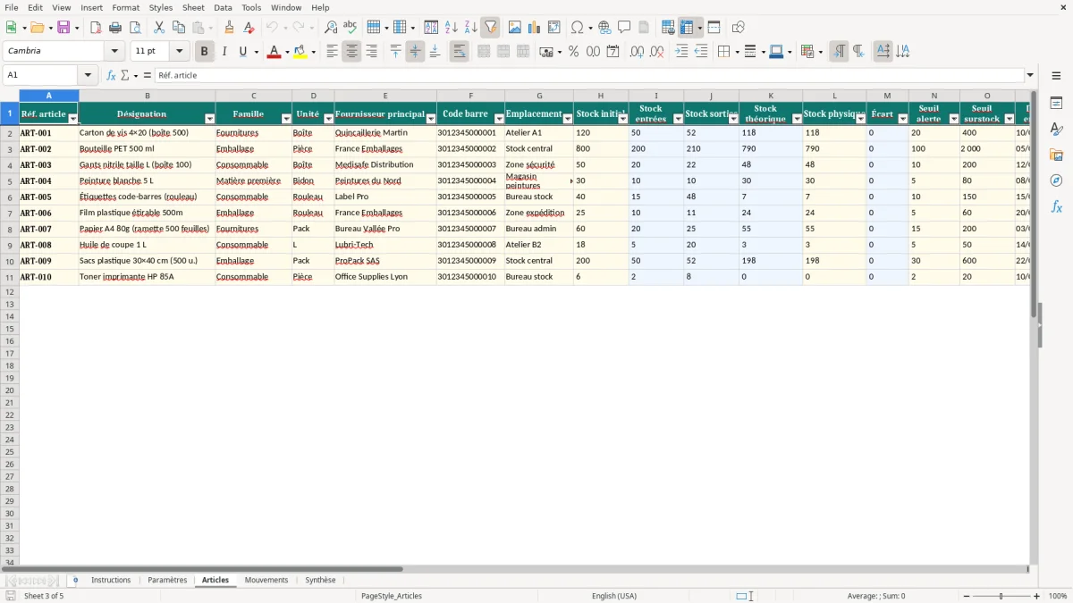 Capture d'écran 3 : Feuille Articles - Modèle Excel Gestion de stock Excel - Modèle Gratuit (2026)