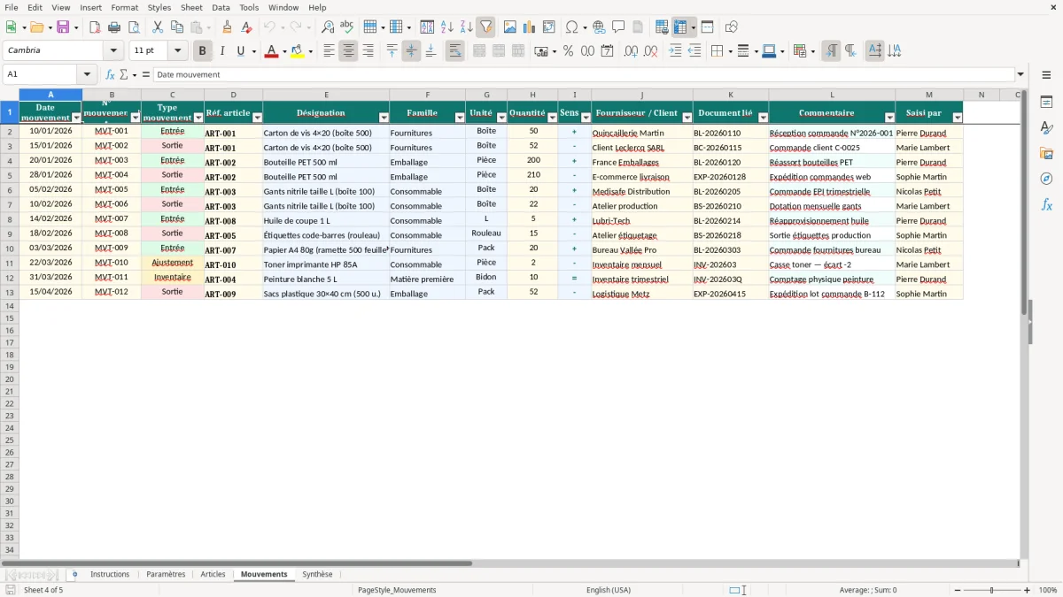 Capture d'écran 4 : Feuille Mouvements - Modèle Excel Gestion de stock Excel - Modèle Gratuit (2026)