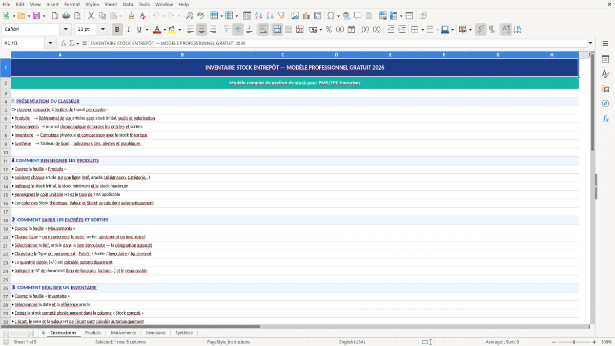 Capture d'écran 1 : Feuille Instructions - Modèle Excel Inventaire stock entrepôt Excel - Gratuit (2026)