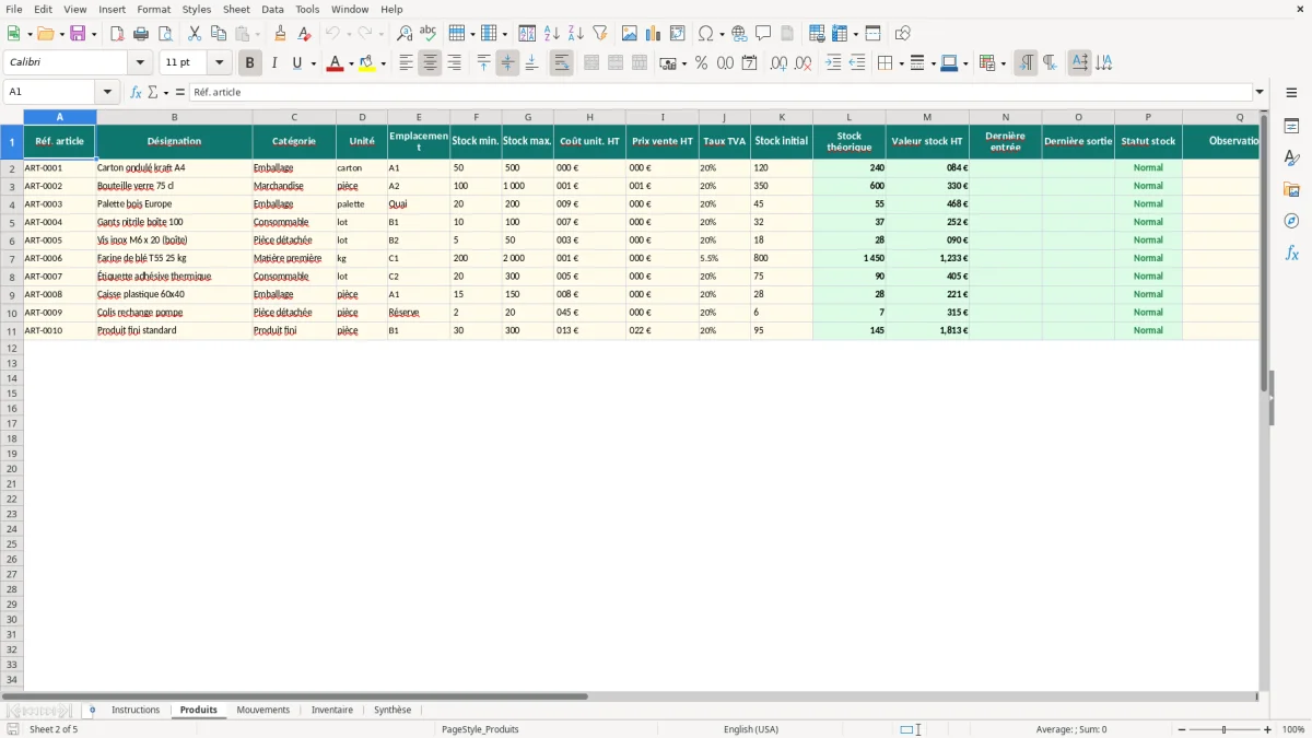 Capture d'écran 2 : Feuille Produits - Modèle Excel Inventaire stock entrepôt Excel - Gratuit (2026)