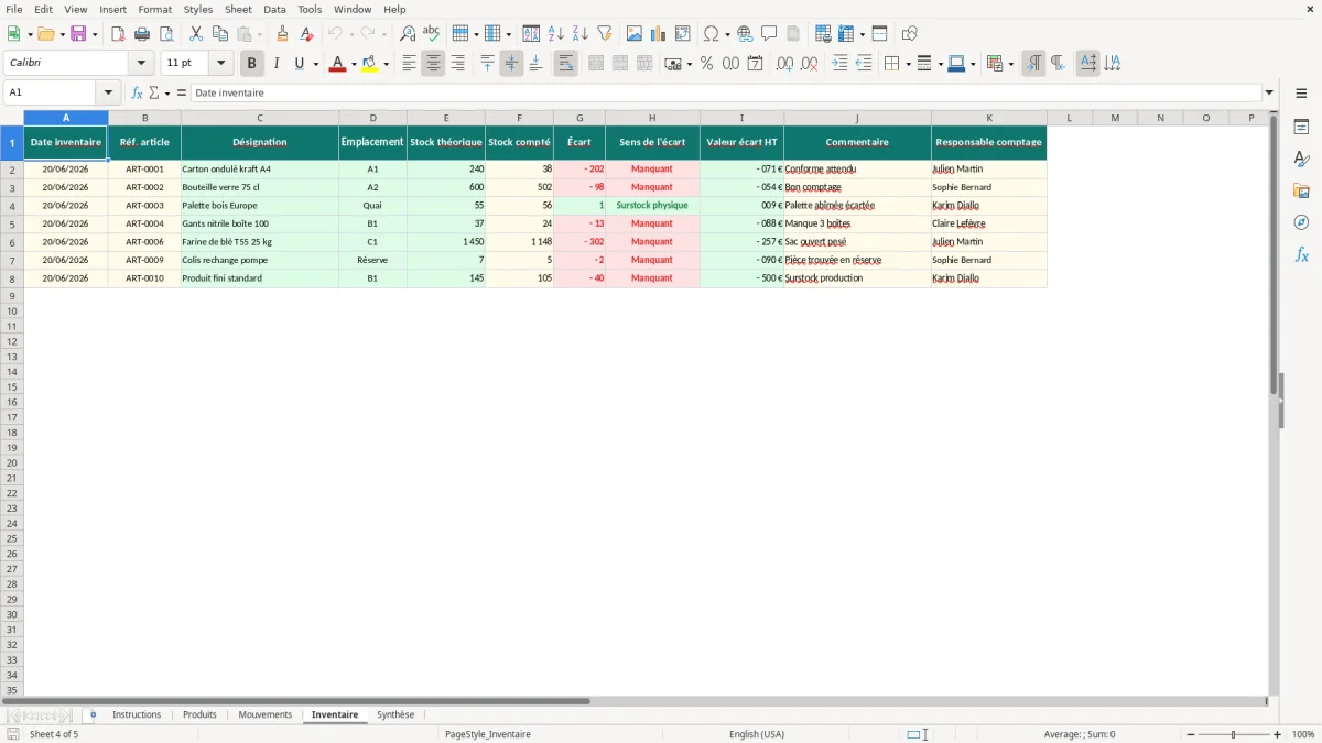 Capture d'écran 4 : Feuille Inventaire - Modèle Excel Inventaire stock entrepôt Excel - Gratuit (2026)