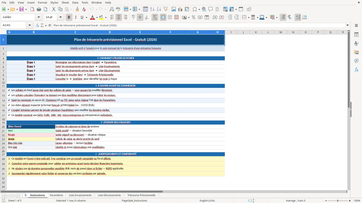 Capture d'écran 1 : Feuille Instructions - Modèle Excel Plan de trésorerie prévisionnel Excel - Gratuit (2026)