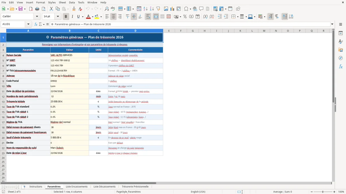 Capture d'écran 2 : Feuille Paramètres - Modèle Excel Plan de trésorerie prévisionnel Excel - Gratuit (2026)