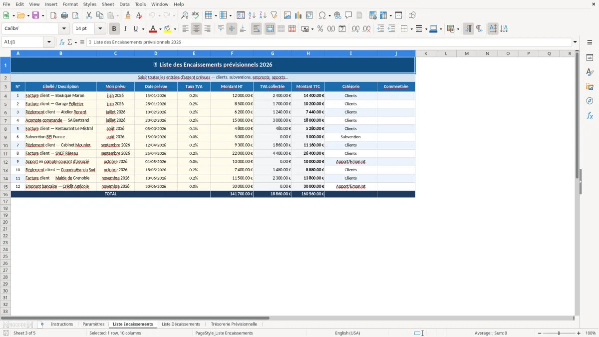 Capture d'écran 3 : Feuille Liste Encaissements - Modèle Excel Plan de trésorerie prévisionnel Excel - Gratuit (2026)