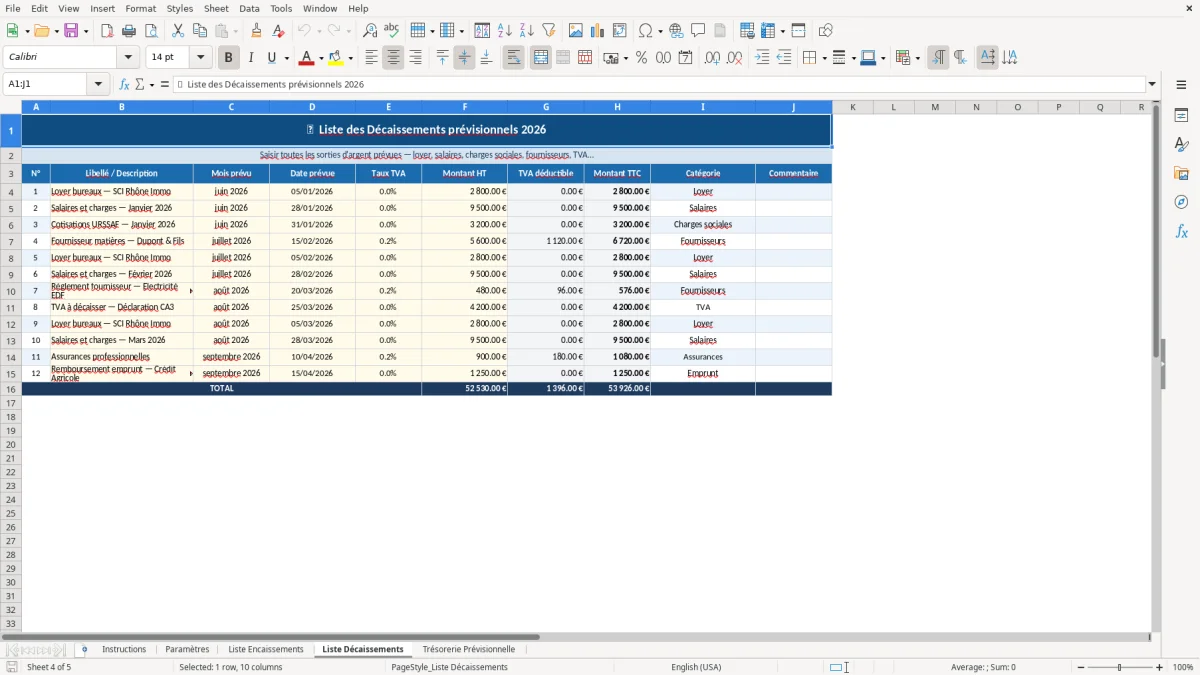 Capture d'écran 4 : Feuille Liste Décaissements - Modèle Excel Plan de trésorerie prévisionnel Excel - Gratuit (2026)