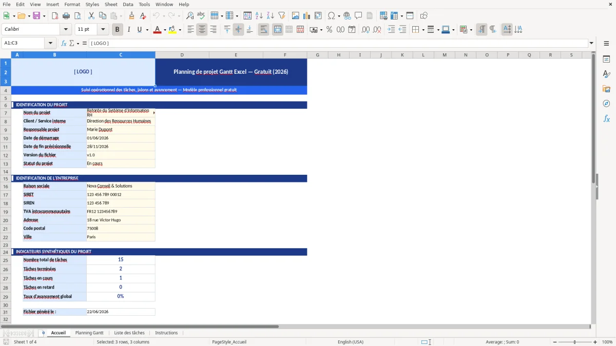 Capture d'écran 1 : Feuille Accueil - Modèle Excel Planning de projet Gantt Excel - Gratuit (2026)