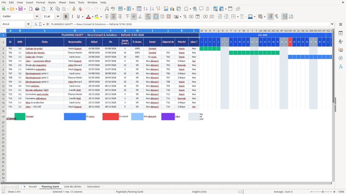 Capture d'écran 2 : Feuille Planning Gantt - Modèle Excel Planning de projet Gantt Excel - Gratuit (2026)
