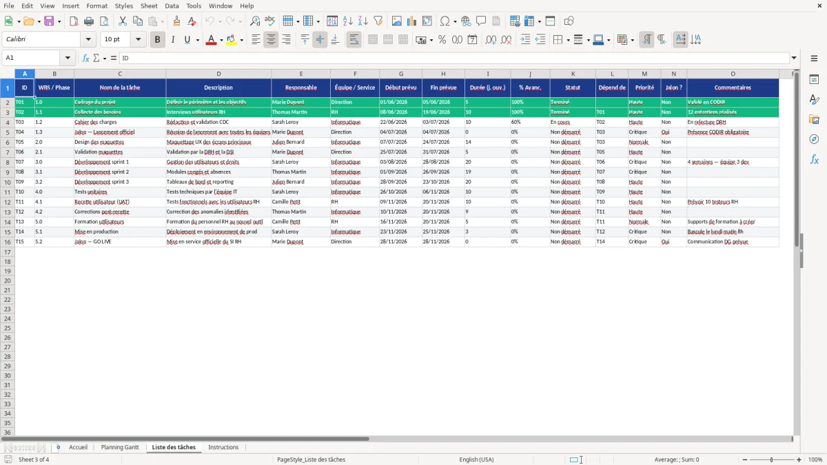 Capture d'écran 3 : Feuille Liste des tâches - Modèle Excel Planning de projet Gantt Excel - Gratuit (2026)