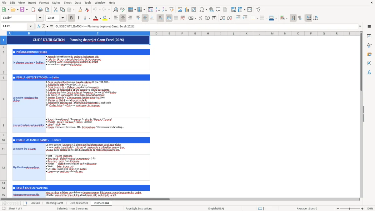 Capture d'écran 4 : Feuille Instructions - Modèle Excel Planning de projet Gantt Excel - Gratuit (2026)
