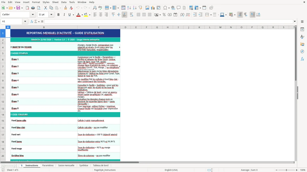 Capture d'écran 1 : Feuille Instructions - Modèle Excel Reporting mensuel activité Excel - Gratuit (2026)